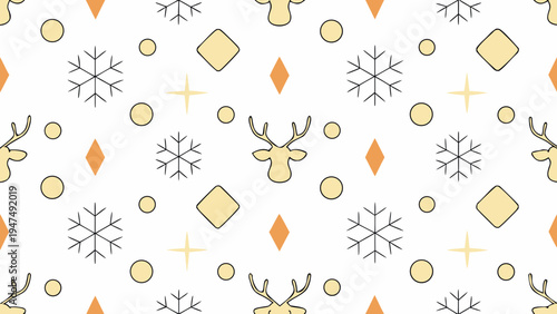Seamless pattern features reindeer heads and snowflakes against a white background.