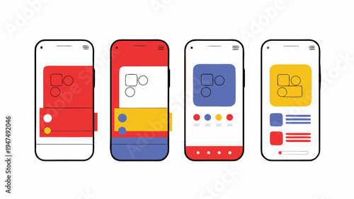 Four smartphone screens display evolving application interface mockups.