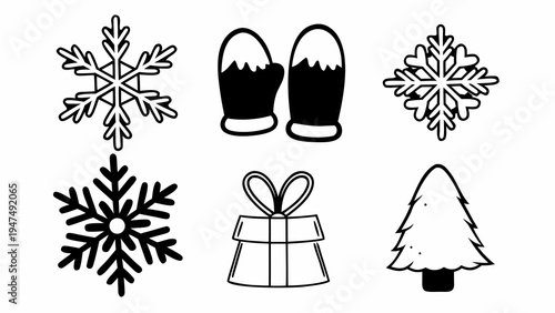 Six assorted stylized snowflakes, mittens, and a Christmas tree form a two-by-three grid.