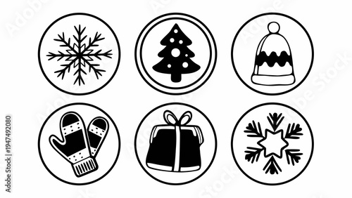 Six circular icons feature winter holiday symbols drawn in black outline style.
