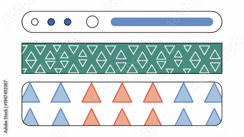 Three horizontal bars show loading indicator, geometric pattern, and colored triangles.