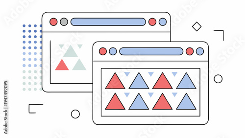 Two stylized browser windows display changing data visualization elements inside.