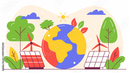 Earth is surrounded by solar panels and wind turbines representing green energy.