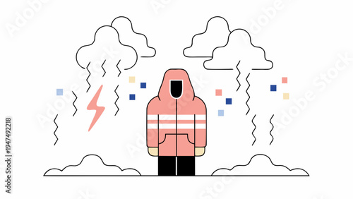Person in a hooded jacket stands under localized rain clouds and lightning.