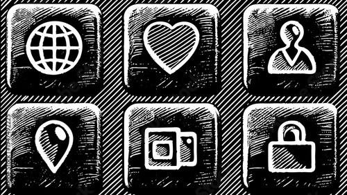 Six white sketch-style navigation icons appear on dark textured squares.