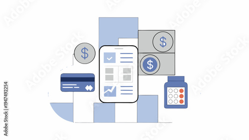 Financial planning elements surround a smartphone displaying digital account information.