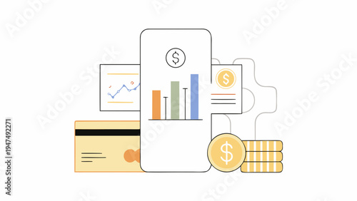 Financial data analysis appears on a smartphone screen surrounded by currency symbols.