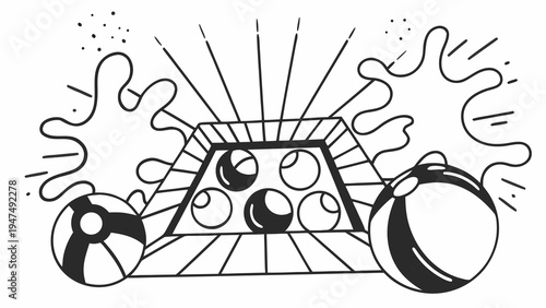 Beach balls flank a triangular pool frame overflowing with splashing water spheres.