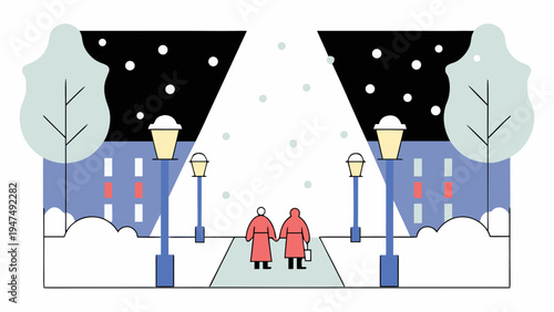 Two figures walk hand in hand under streetlights during a snowy night scene.
