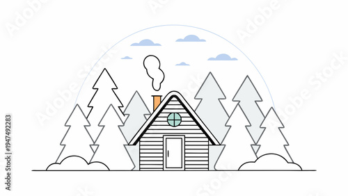 A white, wooden cabin is surrounded by snow-covered evergreen trees.