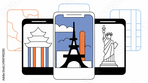 Smartphones display famous international tourist attractions on their screens.