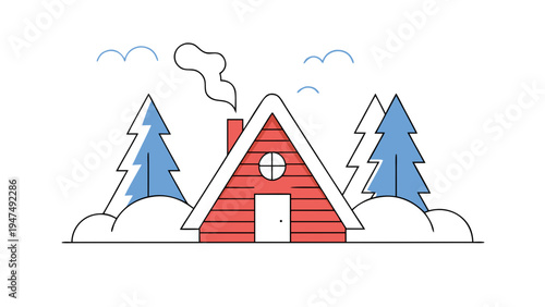 A red, triangular cabin with smoke from the chimney sits amidst snow-covered trees.