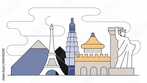 Famous global landmarks are illustrated in a modern, flat design style.