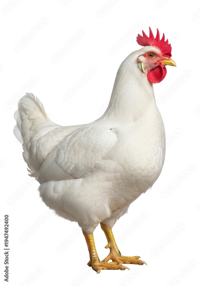 Fototapeta premium A magnificent adult domestic chicken standing in elegant full profile, exhibiting transparent plumage, vivid red comb and wattles, professionally isolated on a high-key studio background concept of