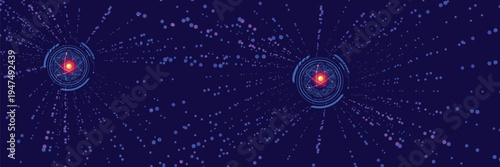 Futuristic digital energy core with glowing particles and geometric lines on dark blue background, abstract technology, AI or quantum data banner