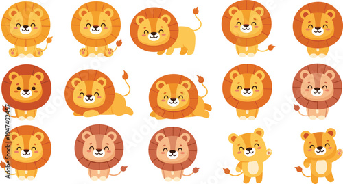 Cute Lion Vector Illustration Set Featuring Adorable Cartoon Jungle Animals in Various Standing and Sitting Poses for Safari Wildlife Graphics and Children Design Projects.