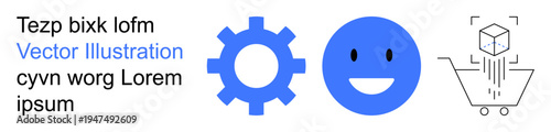 Technology, digitalization, e-commerce, innovation, emotional intelligence, online shopping. Blue gear, happy face and shopping cart with cube symbol. Technology and e-commerce