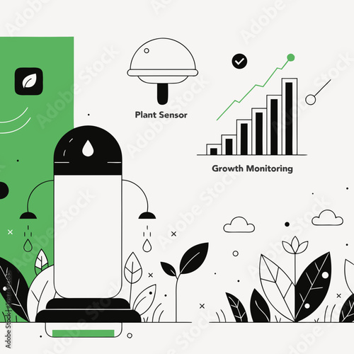Smart gardening system with plant sensor and growth monitoring graph illustrating technology in sustainable agriculture and horticulture