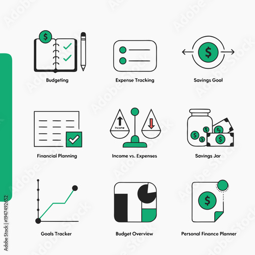 Financial planning and budgeting icons including savings goals expense tracking and financial organization tools for personal money management