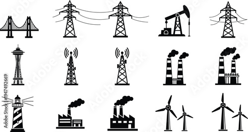 Industrial Infrastructure Silhouette Set Featuring Power Lines Wind Turbines Factories Communication Towers And Oil Pumps Isolated On White Background Vector Illustration