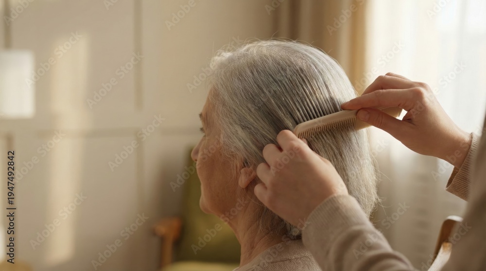 Fototapeta premium Authentic Intergenerational Connection concept. Elderly woman having her gray hair gently combed indoors.