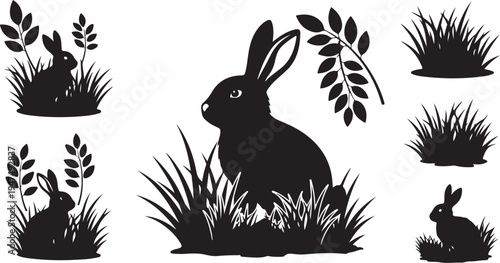 Black Silhouette Rabbits in Grass and Leaves