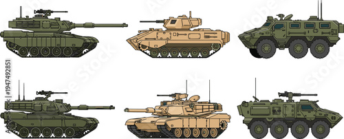 "Six illustrated military armored vehicles in two rows showing tanks, infantry fighting vehicles, and armored personnel carriers, defense machinery artwork, warfare technology engineering 