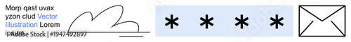 Cloud storage, cybersecurity, communication, email access, data protection, privacy. ion of a cloud, asterisks and an envelope. Cybersecurity and cloud storage-related