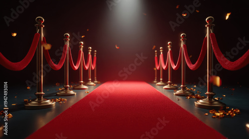 Wallpaper Mural Red carpet velvet rope stanchion spotlight gold confetti luxury event aisle glamour red carpet scene red carpet leading to stage spotlight with velvet ropes and gold confetti creating glamorous Torontodigital.ca
