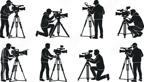Professional Cameraman Silhouette Set Featuring Videographers With Professional Cameras On Tripods For Movie Production And News Broadcasting Isolated On White Background