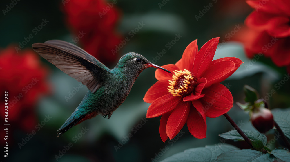 Fototapeta premium Vibrant green hummingbird hovering beside red dahlia flower feeding from its yellow center, shallow depth of field, natural light, close up macro composition showing delicate wings and texture