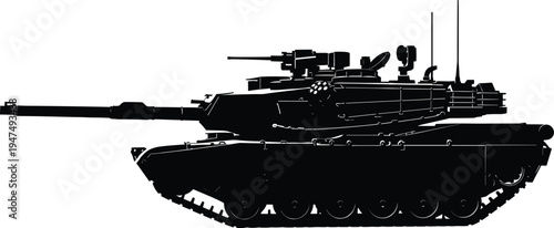 "Black silhouette illustration of modern main battle tank side profile with long barrel, armored combat vehicle design, defense machinery artwork, warfare technology engineering drawing concept"