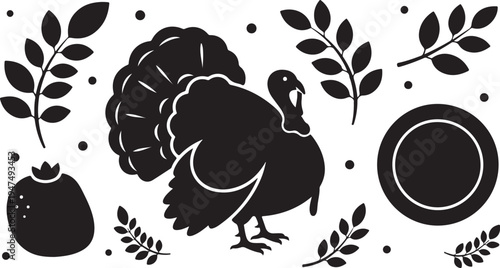 Black Silhouette of Turkey with Leaves and Plate