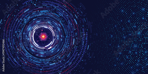 Quantum technology glowing atom inside futuristic digital circle tunnel with halftone dots, blue science background banner
