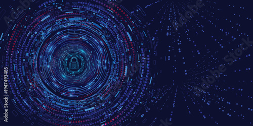 Cybersecurity padlock icon inside blue digital data circle tunnel with particles on dark background, online data protection banner