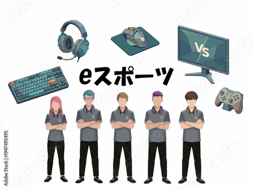 Esports Team and Gaming Equipment Illustration, Gamer Characters and Gaming Devices Set