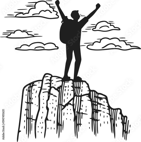 Silhouette Climber Reaching for Rocky Ledge Edge Danger Extreme Sport Stock Illustration