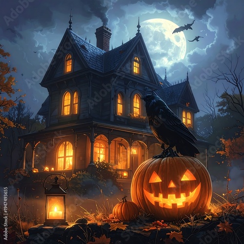 A spooky mansion on a dark, moonlit night with jack-o-lanterns