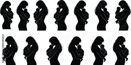 Silhouette set of a loving mother holding her newborn baby in various poses, isolated on white background for motherhood concepts.