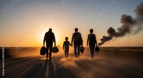 A family walks down a dusty road towards a sunset with smoke rising, carrying luggage and looking hopeful for a better future.
