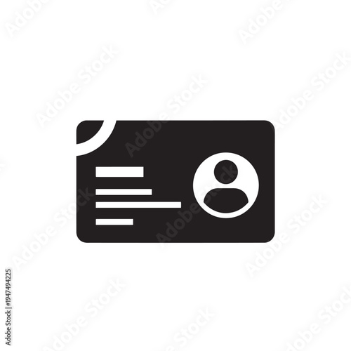 Solid Black ID Card Icon, Simple 2D Flat Logo, Minimal Silhouette Isolated on White Background