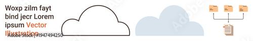 Cloud storage, data sharing, network collaboration, file management, digital connectivity, online backup. Cloud icons with a linked file structure. Cloud storage and data sharing concept