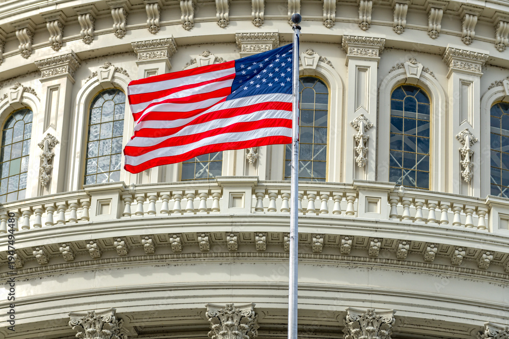 Fototapeta premium American flag Capitol close up Washington DC. American flag republic governance politics. American flag Congress Senate elections. American flag historic symbol.