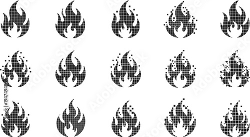 Pixelated Flame Icon Set with Abstract and Distorted Effects for Fire, Energy, and Digital Design Projects