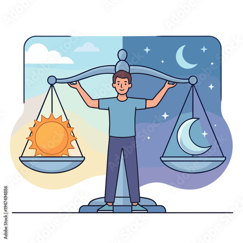 Man balances sun and moon on scales at daytime and nighttime