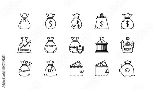 Minimal Outline Money Bag Icon Set for Finance Savings Banking and Investment Vector Symbols