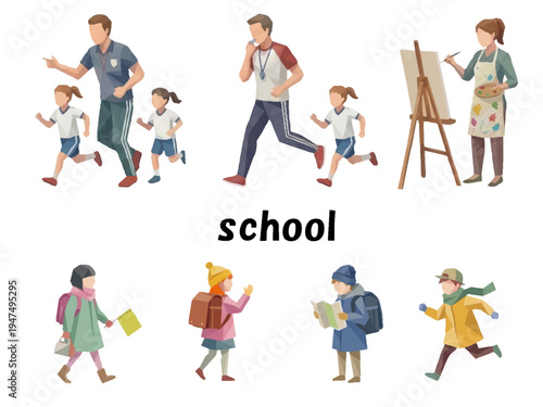 School Education Activities Illustration Set, Teacher and Students Learning, Running and Art Class