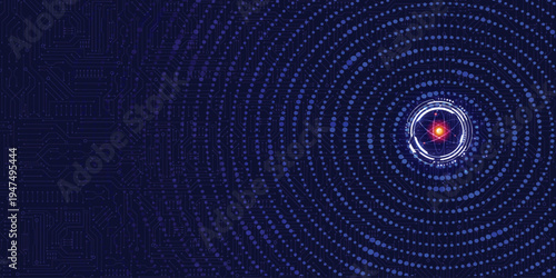 Futuristic Blue Circuit Board Wave With Glowing Quantum Core Technology HUD Interface Background