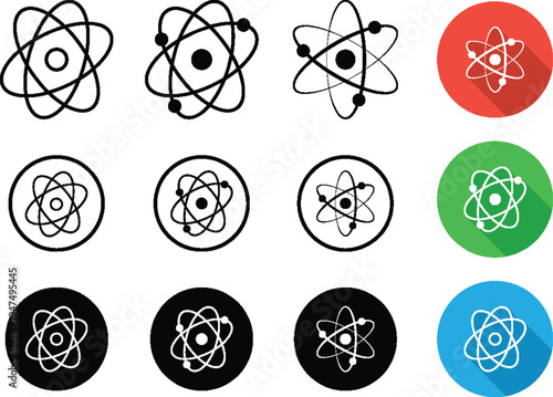Atomic Atom Science Icons and Logos Set Representing Physics, Nuclear Energy and Technology Symbols