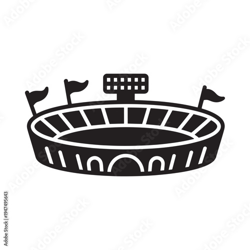 A simple black silhouette illustration depicts a sports stadium with flags and floodlights high quality professional